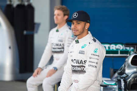 JEREZ DE LA FRONTERA, SPAIN - FEBRUARY 01: Lewis Hamilton, pilot of the team Mercedes in test Formula 1 in Circuito de Jerez on feb 01, 2015 in Jerez de la frontera.のeditorial素材