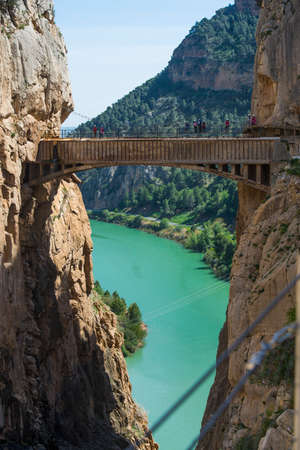 ARDALES (MALAGA), SPAIN - APRIL 17: Tourists walk along the 'El Caminito del Rey' (King's Little Path), World's Most Dangerous Footpath reopened in May 2015 a safer footpath was installed above the original. On apr 17, 2015 in Ardales (Malaga, Spain).のeditorial素材