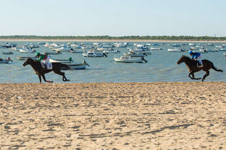 SANLUCAR DE BARRAMEDA (CADIZ), SPAIN - AUGUST 22: Jockeys race along the beach during the traditional beach race of Sanlucar de Barrameda near Cadiz On aug 22, 2015 in Sanlucar de Barrameda (Cadiz).のeditorial素材
