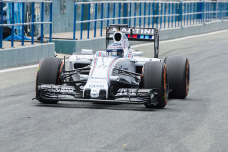 JEREZ DE LA FRONTERA, SPAIN - FEBRUARY 02: Valtteri Bottas, pilot of the team Williams Martini in test Formula 1 in Circuito de Jerez on feb 02, 2015 in Jerez de la frontera.のeditorial素材