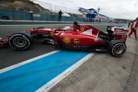 JEREZ DE LA FRONTERA, SPAIN - FEBRUARY 02: Sebastian Vettel, pilot of the team Ferrari in test Formula 1 in Circuito de Jerez on feb 02, 2015 in Jerez de la frontera.のeditorial素材
