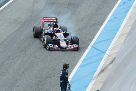 JEREZ DE LA FRONTERA, SPAIN - FEBRUARY 02:  Max Verstappen, pilot of the team Toro Rosso in test Formula 1 in Circuito de Jerez on feb 02, 2015 in Jerez de la frontera.のeditorial素材