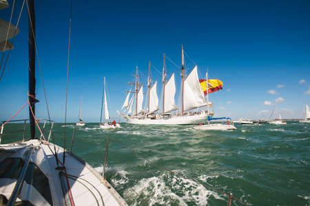 CADIZ, SPAIN - MAR 05: Spanish Navy, Juan Sebastian de Elcano begins its 87th training cruise from the port of Cadiz. on March 05 , 2016, in Cadiz , Spainのeditorial素材