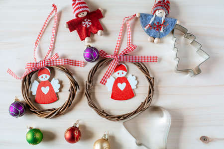 Christmas ornaments on wooden table background.の写真素材