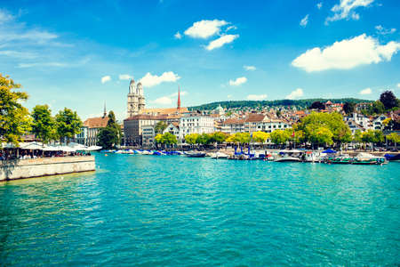 Landscape with houses and the Limmat river of Zurich in Switzerlandのeditorial素材