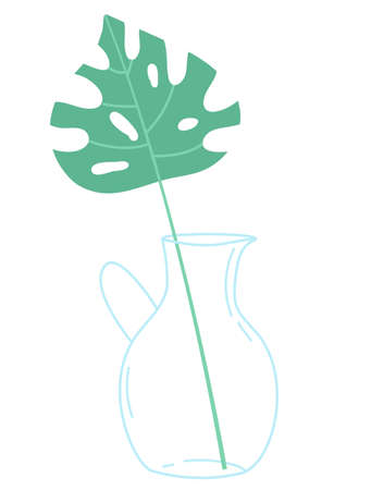 Green twig in a tall narrow glass vase on a white background. Vector design elements.のイラスト素材