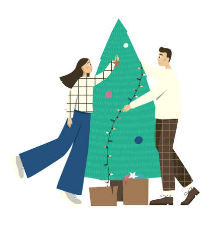 A boy and a girl are dressing up a Christmas tree with toys and garlands. Vector illustration in flat style on a white background. New Year's and Christmas. Design elements for print and webのイラスト素材