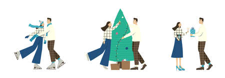 Set of three illustrations of a couple in love on the holidays. A guy and a girl go ice skating, decorate the Christmas tree and give each other Christmas gifts. Vector illustration in a flat style on a white background. Design elements for web and print.のイラスト素材