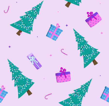 Seamless vector pattern with Christmas decorated tree, gifts and sweets on a purple background. Illustration in a flat style. Christmas and New Year.のイラスト素材