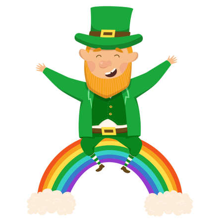 Cheerful and happy leperchaun sits on a colorful rainbow. St.Patrick's Day. Vector Illustration on a white background. Red-haired leprechaun in a green national costumeのイラスト素材