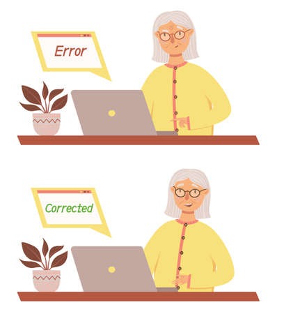 Cute grandmother corrects a mistake in working at a computer. Seniors work with modern technologies. Online education, remote work for elderly people. Vector illustration in a flat styleのイラスト素材