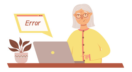 Grandmother discovered a mistake in her work at the computer. Seniors work with modern technologies....