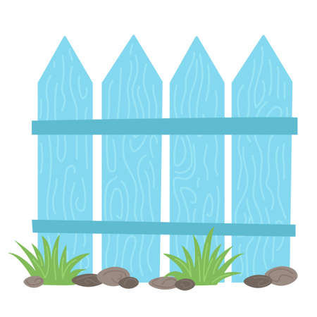 Bright blue fence overgrown with grass and stones. Wooden fence vector illustration isolated on white background. Design element for stickers, print and webのイラスト素材