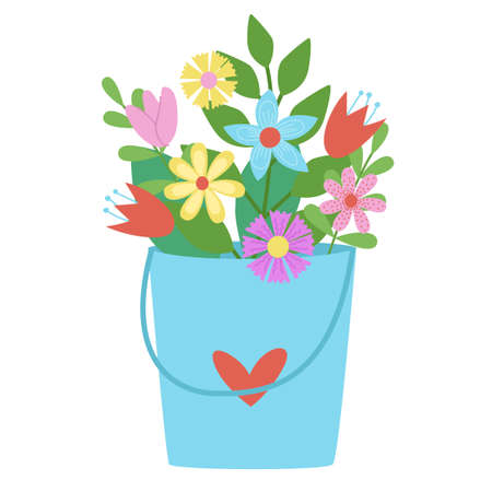 Spring bouquet of flowers in a bucket. Colorful flowers vector illustration isolated on white background. Element for design and print.のイラスト素材