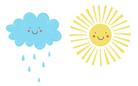Positive sun and cloud vector illustration in flat style. Sticker sun and cloud emoticon. weather icon isolated on white backgroundのイラスト素材