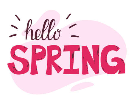 Hello spring lettering. Vector handwritten typography. Colored curves doodle letters. Doodle calligraphy illustration.のイラスト素材