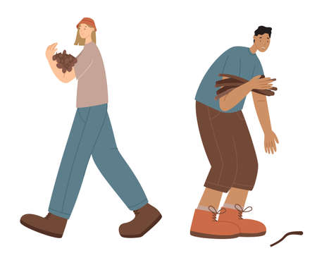 Hikers collect dry branches for a fire vector illustration. Boy and girl collect brushwood isolated on a white background. Helping and teamwork.のイラスト素材