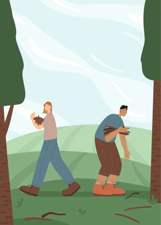 Hikers collect dry branches for a fire vector illustration. Travelers in the wild concept for posters and postcards. Helping and teamwork. Nature sport outdoor expedition scene backgroundのイラスト素材