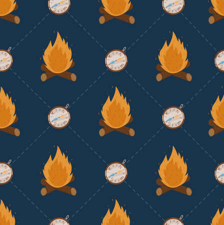 Camping outdoor activities vector seamless patterns. Spending time in nature. Compass and campfire. For design, prints, stickers, sport and tourist business.のイラスト素材