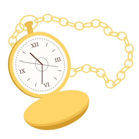 Pocket watch vector illustration in a flat style. Gold watch on a chain in vintage style. Icon for design and applications. Vector watch isolated on a white backgroundのイラスト素材