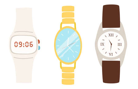 Set of three different watches. Electronic wrist watch, women's metal watch, brutal watch with a leather strap. Icon for design and applications. Vector watch isolated on a white backgroundのイラスト素材