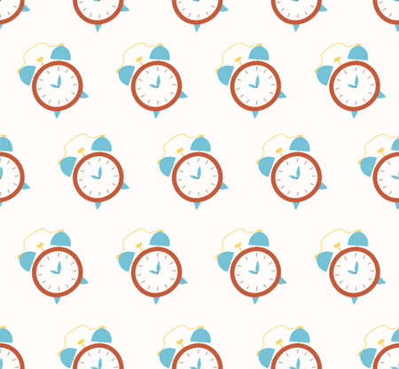 Seamless vector pattern with clock. Colorful alarm flat illustration. Symbol watch on white...