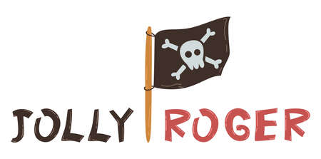 Torn pirate flag with white skull and bones icon. Waving black vector flag with crossbones emblem. Jolly Roger hand drawn text. Vector flat illustration isolated on white backgroundのイラスト素材