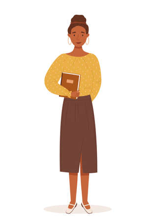 Young black-skinned girl in elegant casual clothes. Student concept character. High school girl with textbook. Vector illustrationのイラスト素材