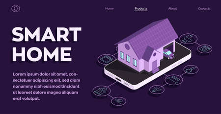 Smart home technology conceptual banner. Building connected with icons of domestic smart devices. Vector illustration. System intelligentのイラスト素材