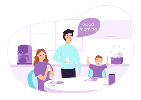 Happy family have breakfast together. Flat vector illustration. Smart home concept. The smart speaker turns on electrical appliancesのイラスト素材