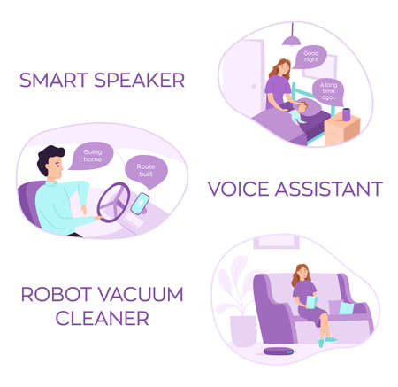 Set of three vector illustrations on the theme of the Internet of things. The robot vacuum cleaner, voice assistant and smart speaker. IOTのイラスト素材