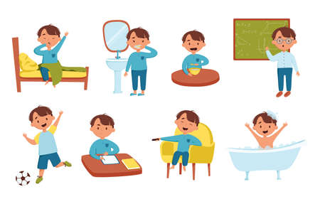 Set of daily cute boy vector illustration. Daily routine. Schedule. Isolated on a white backgroundのイラスト素材