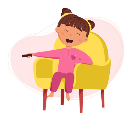 Childrens daily routine vector illustration. Cute cheerful girl relax in a chair and watch TV. Ideal for childrens iteamsのイラスト素材