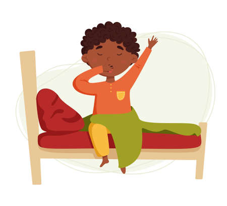 Cute african black boy wake up vector illustration. Daily routine. Schedule. Illustration on abstract backgroundのイラスト素材
