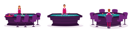 Croupier in a casino for different types of gambling vector set. Tables for poker, craps and roulette. Casino, gaming house flat illustrationのイラスト素材
