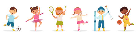 Happy kids doing different sports vector set. Little boys and girls play football, basketball, tennis, figure skating, skiing and balletのイラスト素材