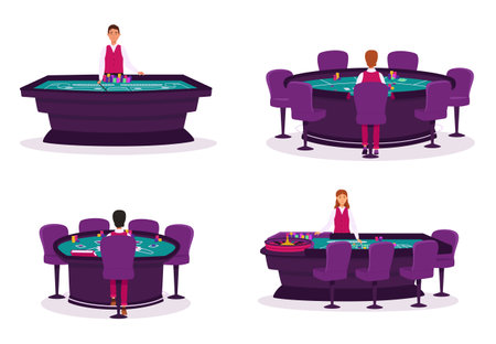 Tables for poker, blackjack, craps and roulette. Croupier in a casino for different types of gambling vector set. Casino, gaming house flat illustrationのイラスト素材