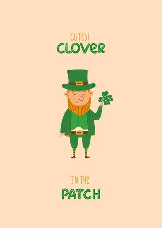 Happy St Patricks Day greeting card with cute leprechaun with clover. Flat design vector illustration. Cutest clover in the patch quoteのイラスト素材