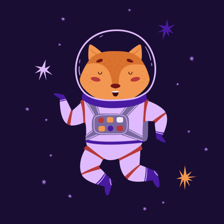Cute space animal vector illustration. Dancing fox astronaut in outer space, cartoon animal. Little explorer universe. Ideal for kids conceptsのイラスト素材