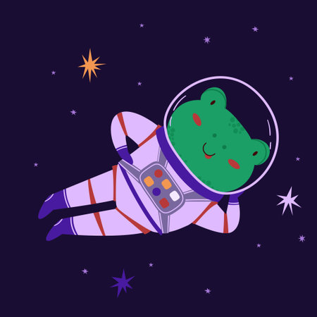 Cute space animal vector illustration. Frog astronaut in funny pose in outer space, cartoon animal. Little explorer universe. Ideal for kids conceptsのイラスト素材