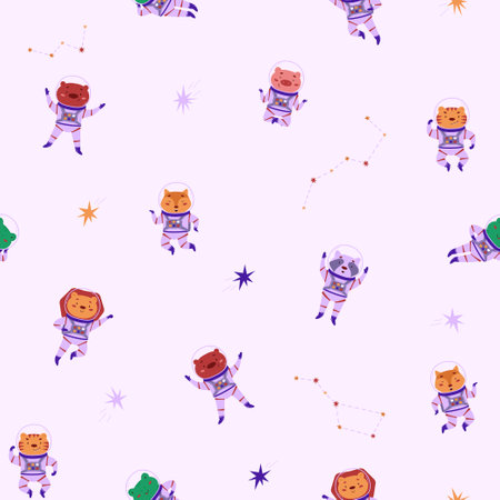 Cosmic seamless pattern with cute animals astronauts and stars. Vector illustration in a flat style. Cosmonautics Day. Pattern for wallpaper, fabric and kids itemsのイラスト素材