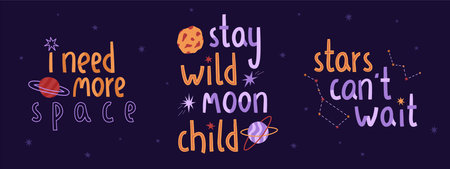 Cosmic lettering set with stars, planet and moon. Vector illustration. Stay wild moon child. Cosmonautics Dayのイラスト素材