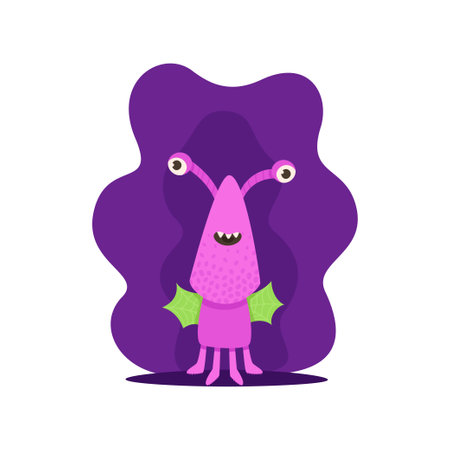 Cute alien character with wings vector illustration. Friendly pink monster on a dark background in cartoon styleのイラスト素材