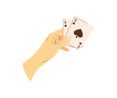 Playing cards in hand flat illustration. Texas holdem game. Poker player. Vector illustration for gambling industryのイラスト素材
