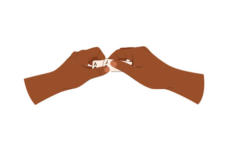 Playing cards in hand flat illustration. Texas holdem game. Poker black-skinned player. Vector illustration for gambling industryのイラスト素材