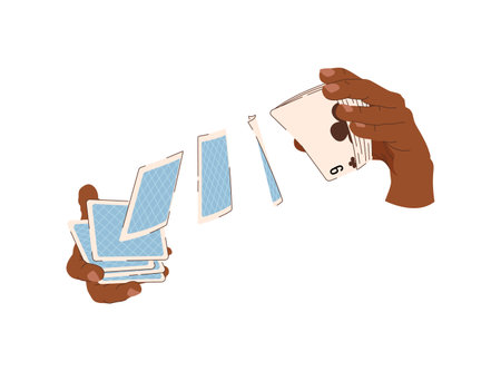 Playing cards in hands flat illustration. Card tricks. Black-skinned croupier in casino. Vector illustration for gambling industryのイラスト素材