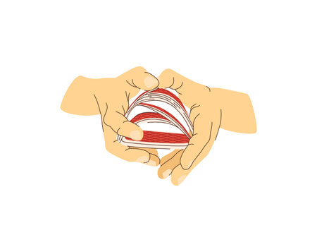 Playing cards in hands flat illustration. Card shuffling. Croupier in casino. Vector illustration for gambling industryのイラスト素材