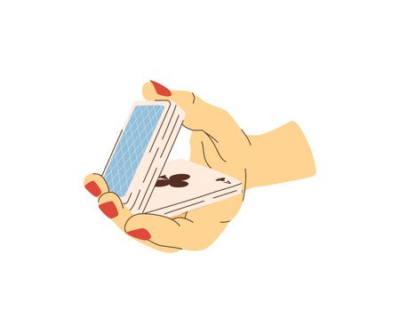 Playing cards in hands with red nails flat illustration. Card shuffling. Croupier in casino. Vector illustrationのイラスト素材