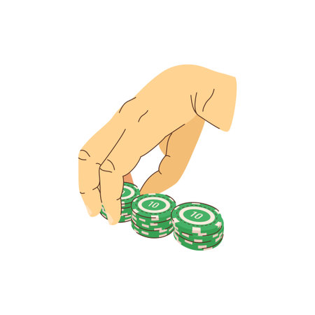 Playing chips in hands flat illustration. Bet in the game. Player in casino. Vector illustration for gambling industryのイラスト素材