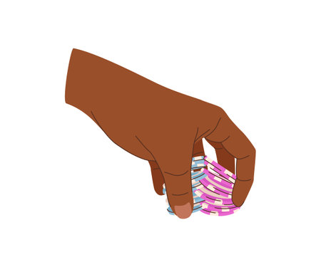 Playing chips in hands flat illustration. Trick with chips. Black-skinned player in casino. Vector illustration for gambling industryのイラスト素材